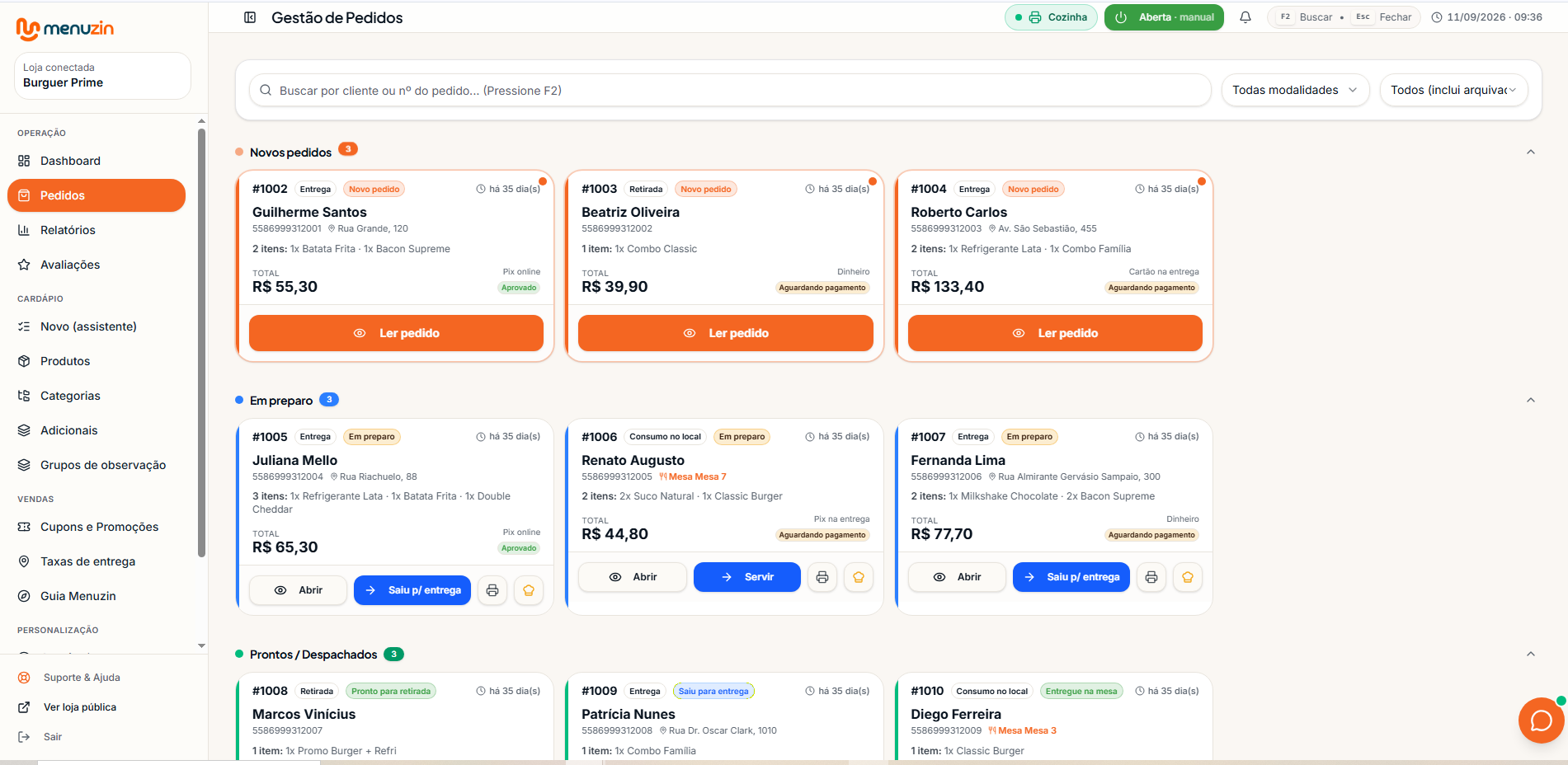 Painel Menuzin organizando pedidos novos, em preparo e prontos